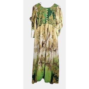 Vintage Handmade Renaissance Prairie Dress Cottagecore Green Floral Maxi
